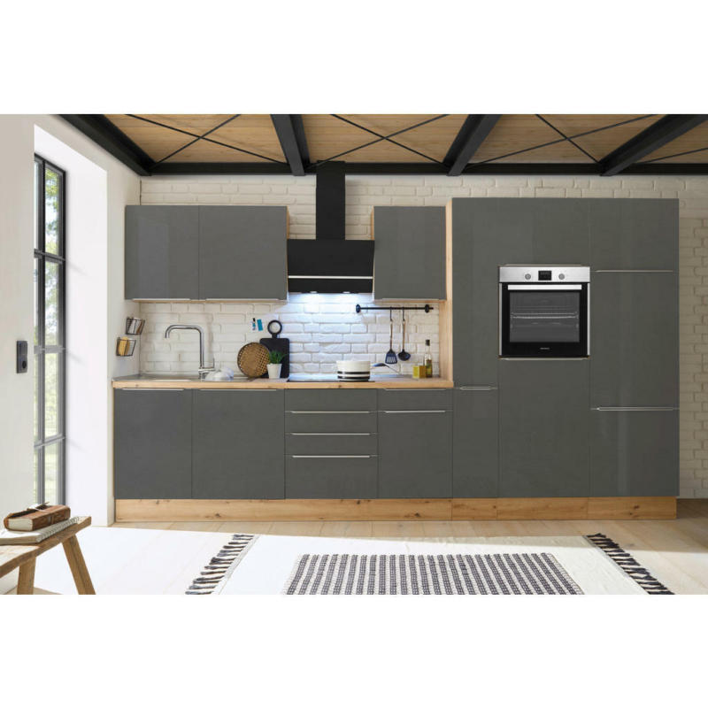 Küchenblock 370 cm in Anthrazit, Grau, Eiche Artisan