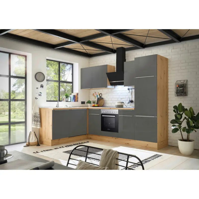 Eckküche 280/170 cm in Anthrazit, Grau, Eiche Artisan