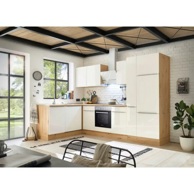 Eckküche 310/170 cm in Eiche Artisan, Weiß Hochglanz