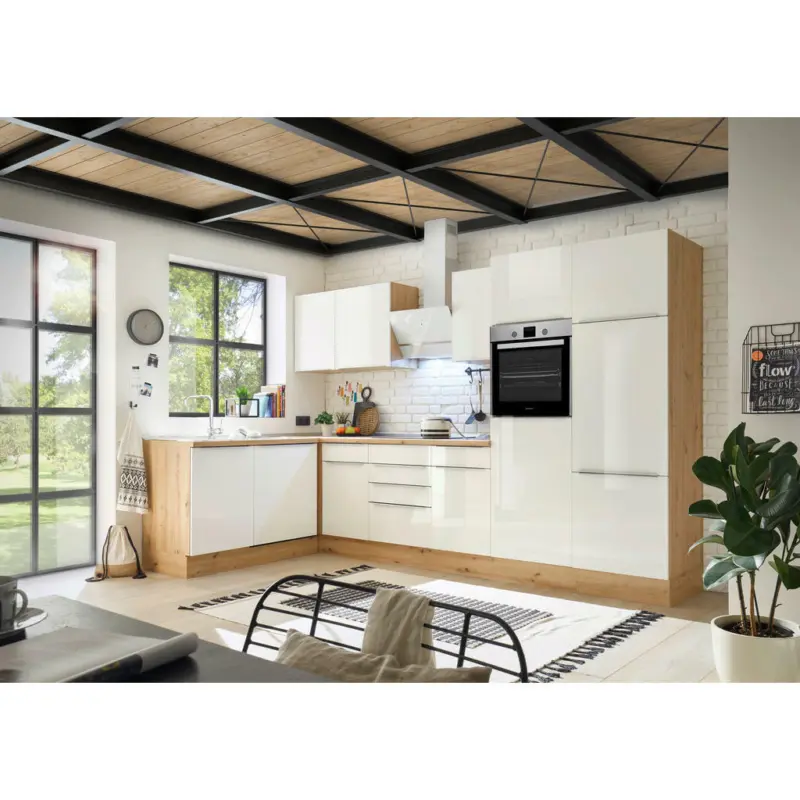 Eckk&uuml;che 340/170 cm in Eiche Artisan, Wei&szlig; Hochglanz