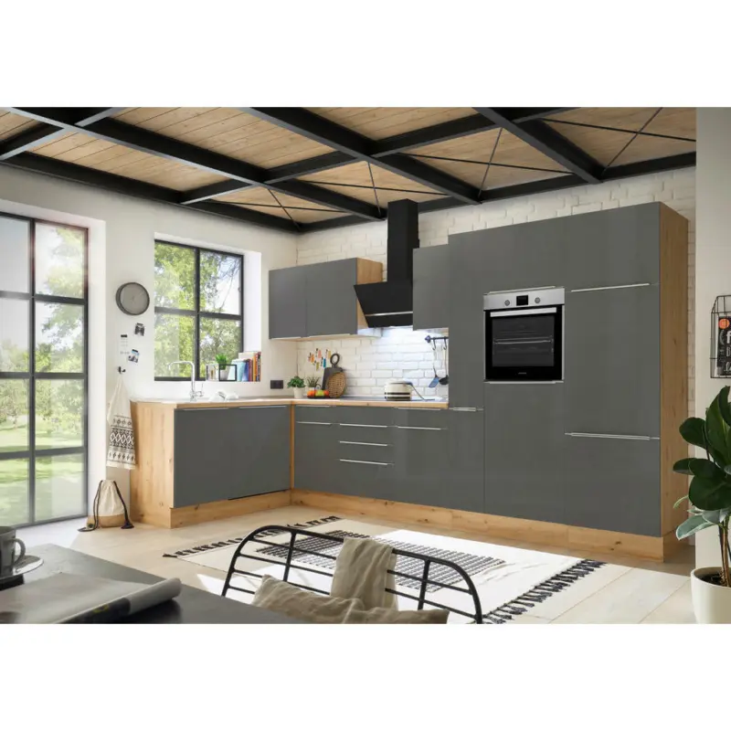 Eckküche 370/170 cm in Anthrazit, Grau, Eiche Artisan