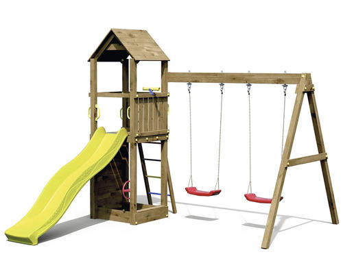 Spielturm Marimex Play 006 Holz natur inkl. Rutsche gelb, Doppelschaukel, Leiter, Fernrohr & Kletterwand