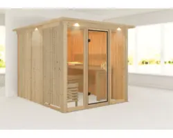 Elementsauna Karibu Laskaja ohne Ofen mit Dachkranz und Kranzbeleuchtung mit bronzierter Ganzglastür