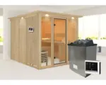 Hornbach Elementsauna Karibu Laskaja inkl. 9 kW Ofen u.ext. Steuerung mit Dachkranz und Kranzbeleuchtung mit bronzierter Ganzglastür