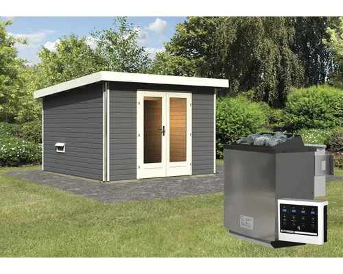 Saunahaus Karibu Sainburga 1 Set A inkl. 9 kW Bio Ofen u.ext. Steuerung mit Vorraum und Holztüre mit Klarglas terragrau/weiß