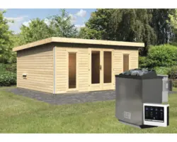 Saunahaus Karibu Sainburga 4 Set B inkl. 9 kW Bio Ofen u.ext. Steuerung mit Vorraum, Fenster und Holztüre mit Klarglas