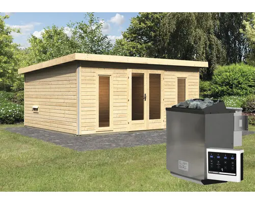 Saunahaus Karibu Sainburga 4 Set B inkl. 9 kW Bio Ofen u.ext. Steuerung mit Vorraum, Fenster und Holztüre mit Klarglas