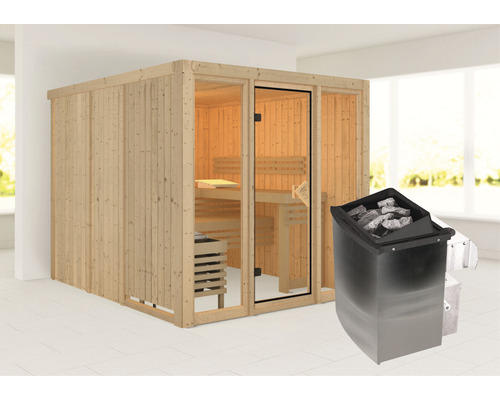 Elementsauna Karibu Laskaja inkl. 9 kW Ofen u.integr. Steuerung ohne Dachkranz mit bronzierter Ganzglastür