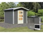 Hornbach Saunahaus Karibu Nosse 1 inkl. 9 kW Bio Ofen u.ext. Steuerung mit Vorraum und Holztüre mit Klarglas terragrau/weiß