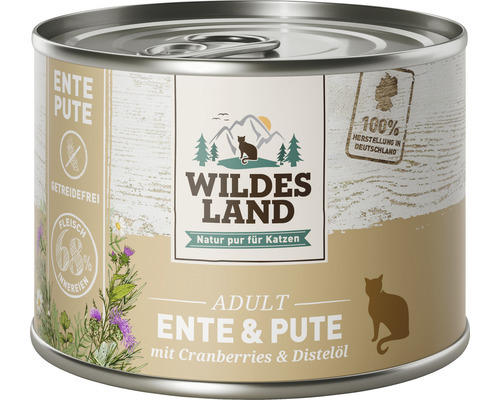 Katzenfutter nass WILDES LAND Ente und Pute mit Cranberries mit wertvollen Superfoods, getreidefrei, Glutenfrei 200 g