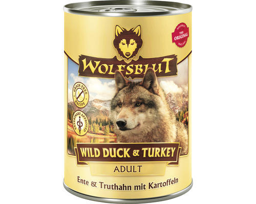 Hundefutter nass WOLFSBLUT Wild Duck & Turkey Adult , Ente und Truthahn mit Kartoffeln mit wertvollen Superfoods, getreidefrei, Glutenfrei 395 g