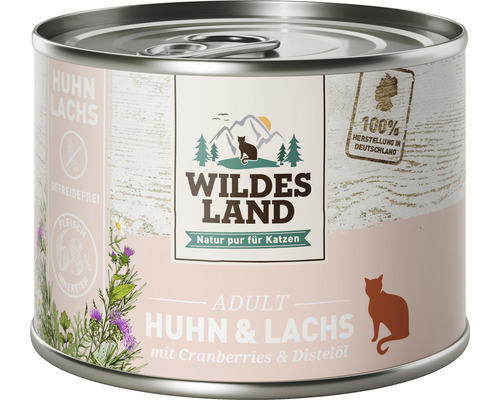 Katzenfutter nass WILDES LAND Huhn und Lachs mit Cranberries mit wertvollen Superfoods, getreidefrei, Glutenfrei 200 g