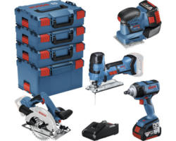 Bosch Professional 18V-Profi-Set Holz Akku-Drehschlagschrauber GDS18V-300 + Akku-Kreissäge GKS18V-LI + Akku-Stichsäge GST18 V-LI + Akku-Schwingschleifer GSS18V-10 inkl. 2 Akkus (5.0 Ah), Ladegerät & 3x L-BOXX136 + 1x L-BOXX238