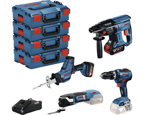 Bosch Professional 18V-Profi-Set Sanitär Akku-Schlagbohrschrauber GSB 18V-55 + Akku-Tigersäge GSA 18V-LI C + Akku-Bohrhammer GBH 18V-21 + Akku-Multi-Cutter GOP 18V-28 inkl. 2 Akkus (5.0 Ah), Ladegerät und 4x L-BOXX 136