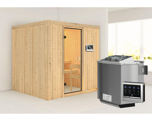 Elementsauna Karibu Marleen inkl. 9 kW Bio Ofen u.ext. Steuerung ohne Dachkranz mit bronzierter Ganzglastür