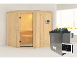 Elementsauna Karibu Romy inkl. 9 kW Ofen u.ext. Steuerung ohne Dachkranz mit bronzierter Ganzglastür