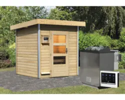 Saunahaus Karibu Adea inkl. 9 kW Bio Ofen u.ext. Steuerung ohne Vorraum mit Holztüre mit Klarglas