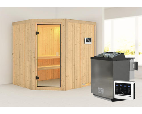 Elementsauna Karibu Romy inkl. 9 kW Bio Ofen u.ext. Steuerung ohne Dachkranz mit bronzierter Ganzglastür