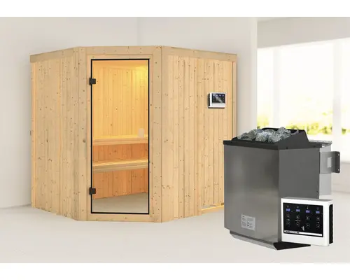Elementsauna Karibu Romy inkl. 9 kW Bio Ofen u.ext. Steuerung ohne Dachkranz mit bronzierter Ganzglastür