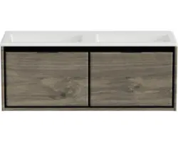 Waschbeckenunterschrank Sanox Loft Mineralguss 47x120,5x45,5 cm mit Doppel-Mineralgusswaschbecken ohne Hahnloch espresso/weiß matt