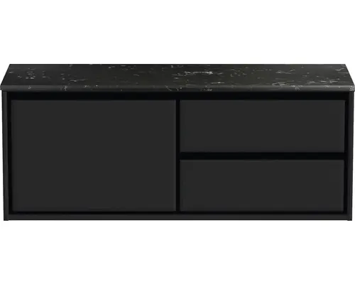 Waschbeckenunterschrank Sanox Loft 47x121x46 cm mit Waschtischplatte 3 Schubladen und Doppelauszug rechts schwarz matt/Kunststein schwarz