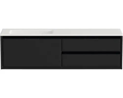 Waschbeckenunterschrank Sanox Loft Mineralguss 47x160,5x45,5 cm mit Mineralgusswaschbecken ohne Hahnloch 3 Schubladen und Doppelauszug 70 cm rechts schwarz matt /weiß matt