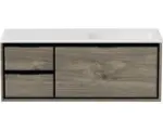 Hornbach Waschbeckenunterschrank Sanox Loft Mineralguss 47x120,5x45,5 cm mit Mineralgusswaschbecken ohne Hahnloch 3 Schubladen und Doppelauszug 35 cm links espresso