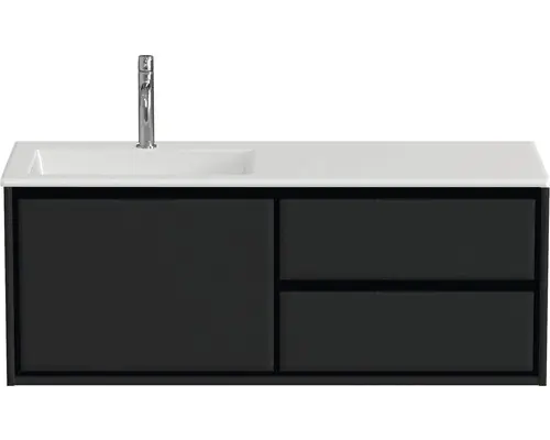 Waschbeckenunterschrank Sanox Loft Mineralguss 47x120,5x45,5 cm mit Mineralgusswaschbecken 3 Schubladen und Doppelauszug 60 cm rechts schwarz matt/weiß matt
