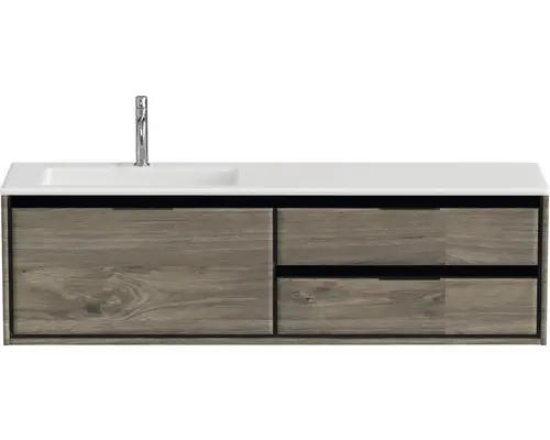 Waschbeckenunterschrank Sanox Loft Mineralguss 47x160,5x45,5 cm mit Mineralgusswaschbecken 3 Schubladen und Doppelauszug 70 cm rechts espresso/weiß matt
