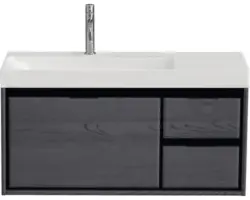 Waschbeckenunterschrank Sanox Loft Keramik 52,5x101x46 cm mit Keramikwaschbecken 3 Schubladen und Doppelauszug rechts black oak