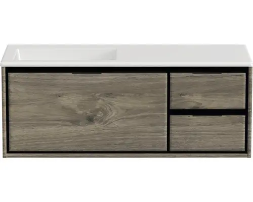 Waschbeckenunterschrank Sanox Loft Mineralguss 47x120,5x45,5 cm mit Mineralgusswaschbecken ohne Hahnloch 3 Schubladen und Doppelauszug 35 cm rechts espresso