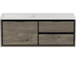 Waschbeckenunterschrank Sanox Loft Mineralguss 47x120,5x45,5 cm mit Mineralgusswaschbecken ohne Hahnloch 3 Schubladen und Doppelauszug 60 cm rechts espresso