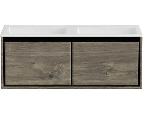 Waschbeckenunterschrank Sanox Loft Mineralguss 47x120,5x45,5 cm mit Doppel-Mineralgusswaschbecken ohne Hahnloch espresso