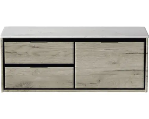 Waschbeckenunterschrank Sanox Loft 47x121x46 cm mit Waschtischplatte 3 Schubladen und Doppelauszug rechts craft oak/Kunststein