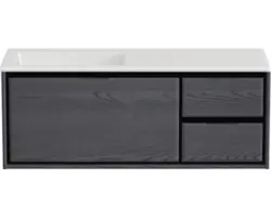 Waschbeckenunterschrank Sanox Loft Mineralguss 47x120,5x45,5 cm mit Mineralgusswaschbecken ohne Hahnloch 3 Schubladen und Doppelauszug 35 cm rechts black oak
