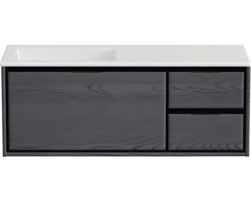 Waschbeckenunterschrank Sanox Loft Mineralguss 47x120,5x45,5 cm mit Mineralgusswaschbecken ohne Hahnloch 3 Schubladen und Doppelauszug 35 cm rechts black oak