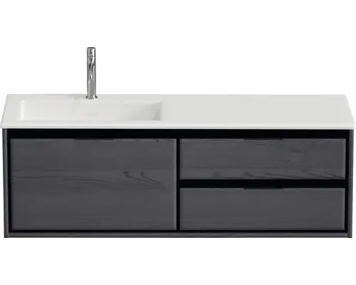 Waschbeckenunterschrank Sanox Loft Mineralguss 47x140,5x45,5 cm mit Mineralgusswaschbecken 3 Schubladen und Doppelauszug 70 cm rechts black oak
