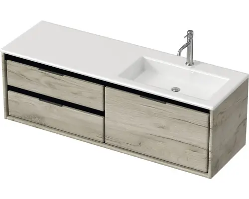 Waschbeckenunterschrank Sanox Loft Mineralguss 47x140,5x45,5 cm mit Mineralgusswaschbecken 3 Schubladen und Doppelauszug 70 cm links craft oak