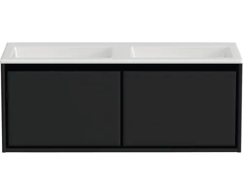 Waschbeckenunterschrank Sanox Loft Mineralguss 47x120,5x45,5 cm mit Doppel-Mineralgusswaschbecken ohne Hahnloch schwarz matt /weiß matt