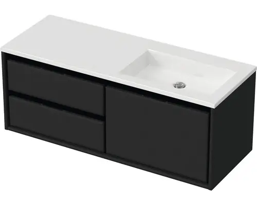 Waschbeckenunterschrank Sanox Loft Mineralguss 47x120,5x45,5 cm mit Mineralgusswaschbecken ohne Hahnloch 3 Schubladen und Doppelauszug 60 cm links schwarz matt