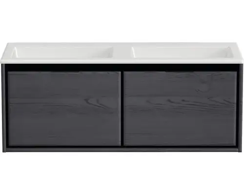 Waschbeckenunterschrank Sanox Loft Mineralguss 47x120,5x45,5 cm mit Doppel-Mineralgusswaschbecken ohne Hahnloch black oak