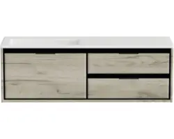 Waschbeckenunterschrank Sanox Loft Mineralguss 47x140,5x45,5 cm mit Mineralgusswaschbecken ohne Hahnloch 3 Schubladen und Doppelauszug 70 cm rechts craft oak/weiß matt