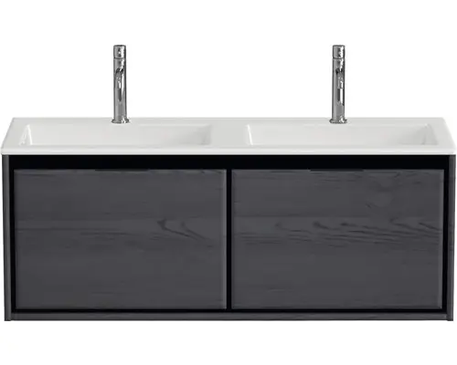 Waschbeckenunterschrank Sanox Loft Mineralguss 47x120,5x45,5 cm mit Doppel-Mineralgusswaschbecken black oak/weiß matt