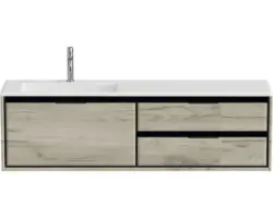 Waschbeckenunterschrank Sanox Loft Mineralguss 47x160,5x45,5 cm mit Mineralgusswaschbecken 3 Schubladen und Doppelauszug 70 cm rechts oak/weiß matt