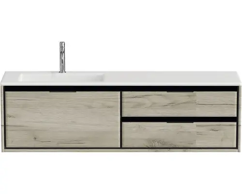 Waschbeckenunterschrank Sanox Loft Mineralguss 47x160,5x45,5 cm mit Mineralgusswaschbecken 3 Schubladen und Doppelauszug 70 cm rechts oak/weiß matt