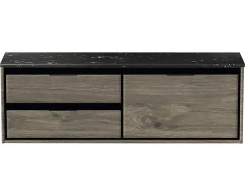 Waschbeckenunterschrank Sanox Loft 47x141x46 cm mit Waschtischplatte 3 Schubladen und Doppelauszug links espresso/Kunststein schwarz