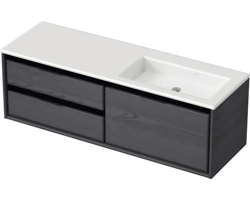 Waschbeckenunterschrank Sanox Loft Mineralguss 47x140,5x45,5 cm mit Mineralgusswaschbecken ohne Hahnloch 3 Schubladen und Doppelauszug 70 cm links black oak/weiß matt