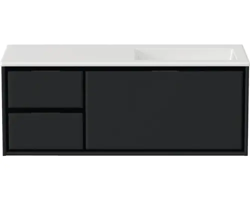 Waschbeckenunterschrank Sanox Loft Mineralguss 47x120,5x45,5 cm mit Mineralgusswaschbecken ohne Hahnloch 3 Schubladen und Doppelauszug 35 cm links schwarz matt