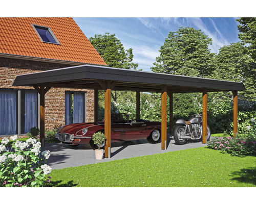 Einzelcarport SKAN HOLZ Wendland inkl. Pfostenanker 409 x 870 cm nussbaum