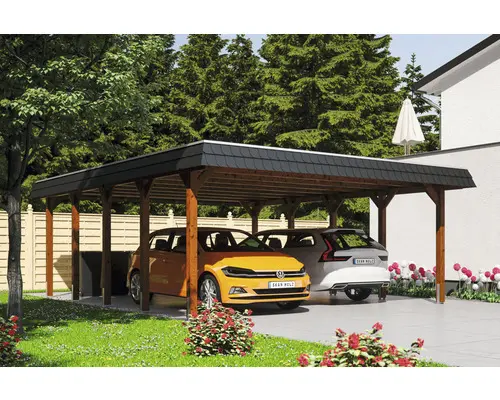 Doppelcarport SKAN HOLZ Spreewald inkl. EPDM Folie, Pfostenanker 585 x 741 cm nussbaum